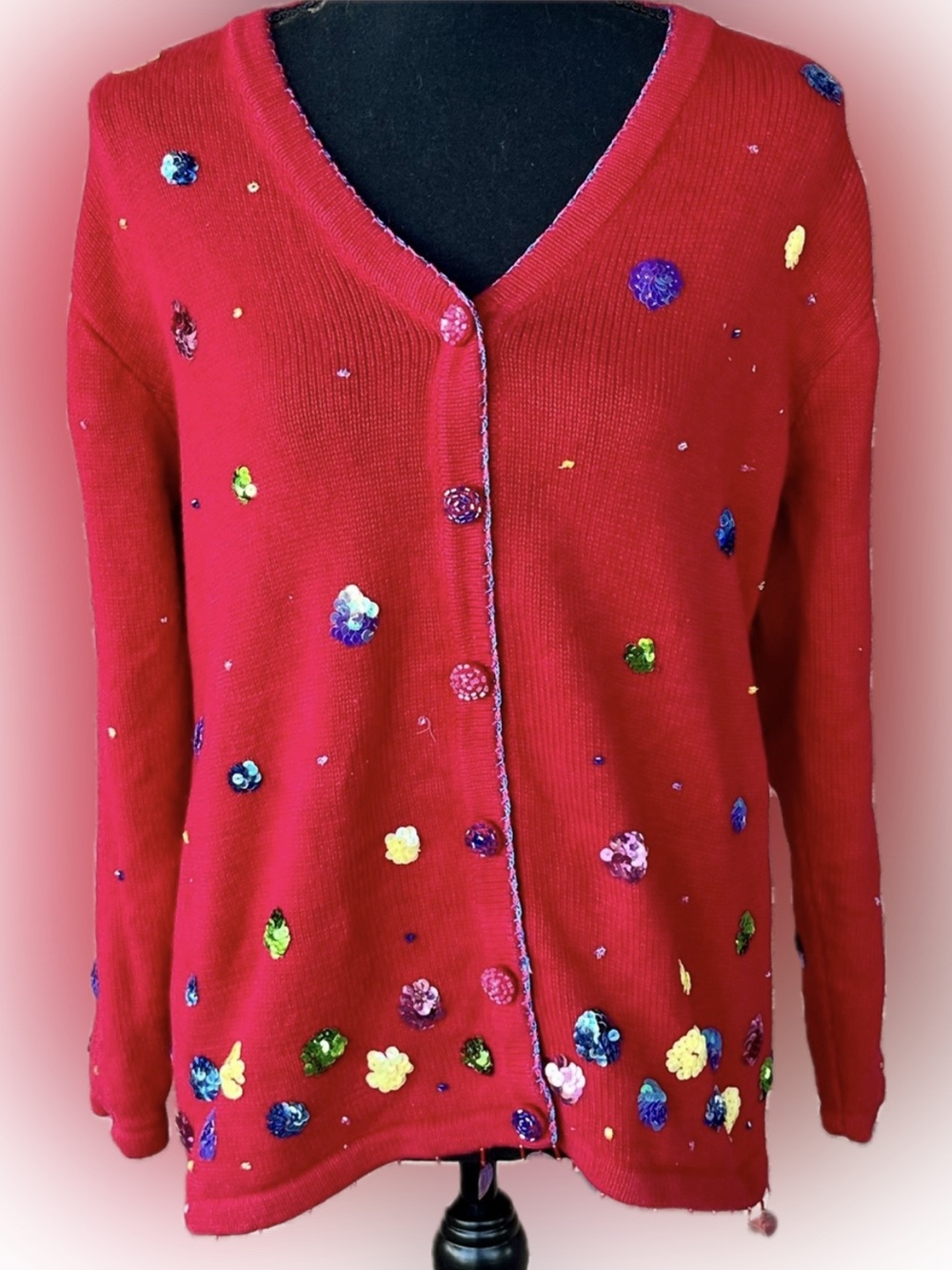 Vintage Storybook Knits Red Sequin Fun Dots Cardigan Sweater Fringe Size Small